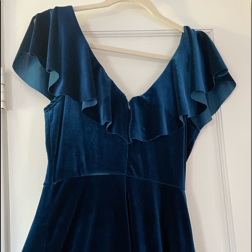 june & hudson Teal Velvet Midi Dress with Ruffle V-Neck - Picture 9 of 16